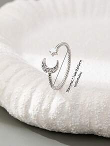 1 Pc Minimalist Zirconia Star Moon Ring For Women Pave Crystal Bling Bling Shining Rings Jewelry , Adjustable Free Size Ring