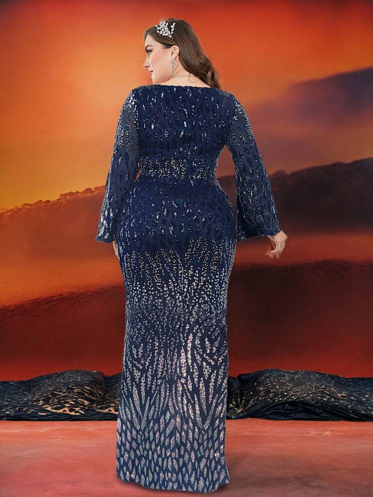 BluePlum 奢华闪亮亮片晚礼服女式宴会 V 领开叉袖渐变几何图案派对美人鱼加大码舞会礼服时尚公主长款婚礼宾客礼服新娘母亲正式优雅服装迷人海军蓝 - 藏蓝色 - 查看 4