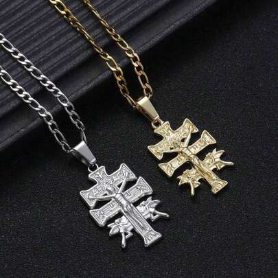 1 pieza Collar religioso de fe con cruz católica y ángel de acero inoxidable, adecuado para Halloween, Navidad, fiestas, regalo para mamá, amigos