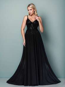 Glamours A Line Long Black Gown Spaghetti Style Sequin Evening Prom Dress - Black - View 1