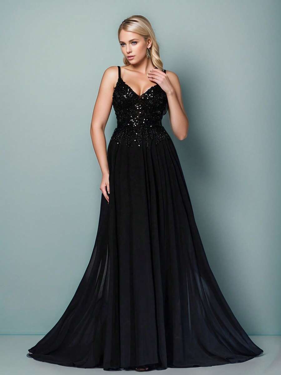 Glamours A Line Long Black Gown Spaghetti Style Sequin Evening Prom Dress - Black - View 1