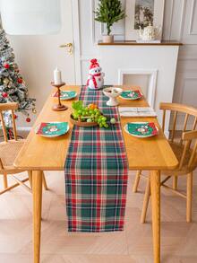 1 szt. bieżnik na stół w zieloną kratę "Wesołych Świąt", w starodawną zieloną kratę, gruba szczotkowana tkanina, nadaje się do kredensu, szafki, nadaje się do prania, do wystroju kuchni, jadalni, salonu, na imprezy, Boże Narodzenie, Nowy Rok