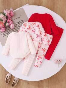 6pcs/Set Baby Girls' Fashion Casual Bow Print Long Sleeve Top And Pants Set, Suitable For Party, Leisure, Vacation, Daily Wear, Spring/Autumn - Red - View 3