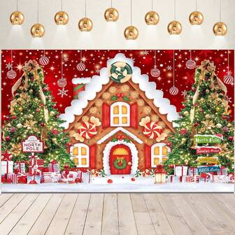 1pc Christmas Background Banner, 82.7*59.1/59.1*39.4/39.4*29.5 Inches Christmas Gingerbread House Christmas Tree Gifts Background Suitable For Christmas Party, Photography Background, Wall Sign, Yard Sign, Winter New Year Christmas Eve Christmas Party Decoration
