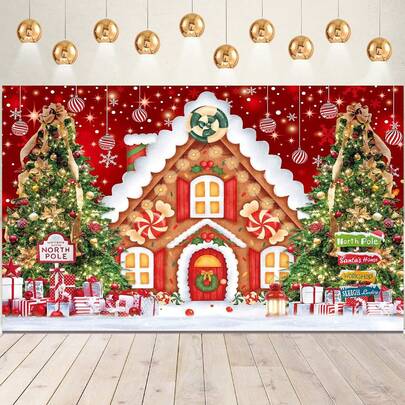 1 Stück Weihnachts-Hintergrundfahne, 210 x 150 cm / 150 x 100 cm / 100 x 75 cm Weihnachtslebkuchenhaus, Weihnachtsbaum, Geschenke Hintergrund, geeignet für Weihnachtsparty, Fotohintergrund, Wandschild, Gartenschild, Weihnachts- und Neujahrsdekoration