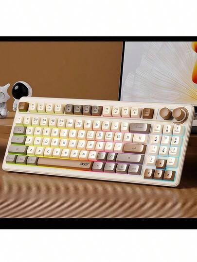 Acer OKR 234 三模無線鍵盤 電競遊戲專用機械手感 反應迅速 輕音按鍵戰鬥不擾人 多功能快捷鍵 即插即用兼容多設備 奶茶色