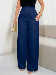 EMILI LULU RUN Women's Tailored Wide Leg Pants With Crossover Closure - Navy Blue - View 1