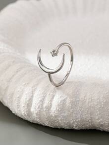 1pc Adjustable Silver-Color Copper Zirconia Star & Moon Design Ring, Women - Silver - View 2