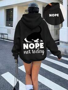 招财猫字母图案休闲大码女式连帽拉链卫衣 - 黑色 - 查看 1