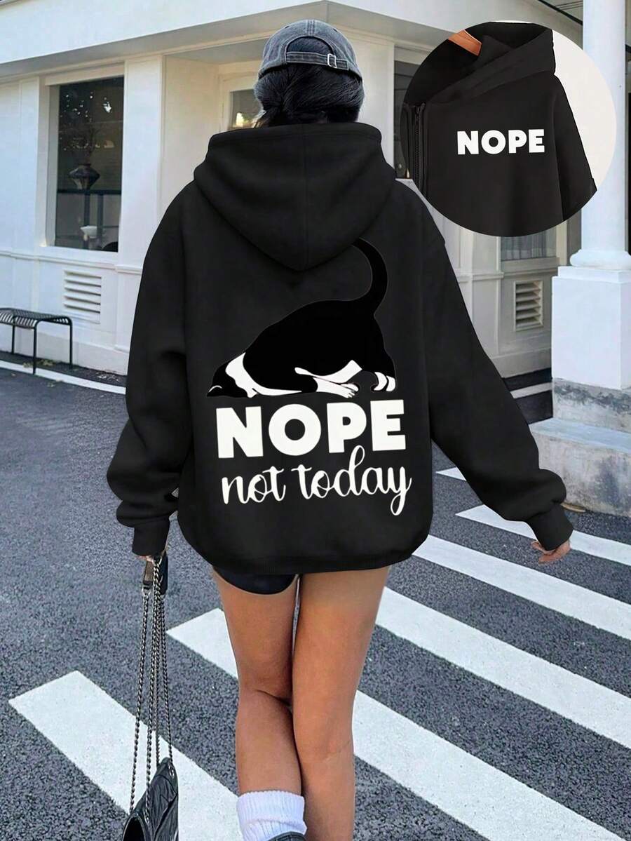 招财猫字母图案休闲大码女式连帽拉链卫衣 - 黑色 - 查看 1