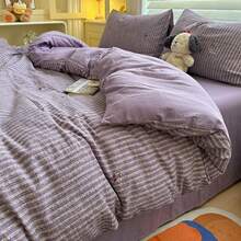 4 件套复古风格床上用品套装，紫色条纹和红色樱桃图案，涤纶双层纱布，（1 个羽绒被套 + 1 个床单 + 2 个枕套），枕套带有随机图案裁剪，适合秋冬季，卧室装饰，节日礼物