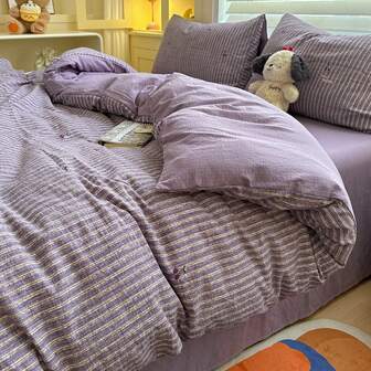 4 件套复古风格床上用品套装，紫色条纹和红色樱桃图案，涤纶双层纱布，（1 个羽绒被套 + 1 个床单 + 2 个枕套），枕套带有随机图案裁剪，适合秋冬季，卧室装饰，节日礼物