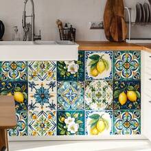 30pcs Lemon & Floral Ceramic Tile Stickers, Waterproof PVC Self-Adhesive Wall Decals, Vibrant Blue, Yellow, Green And White Patterns, For Bathroom, Kitchen, Toilet - Easy To Remove, No Power Needed, Bathroom Wall Stickers, Kitchen Decor, Vivid Design, Oil-Proof Material