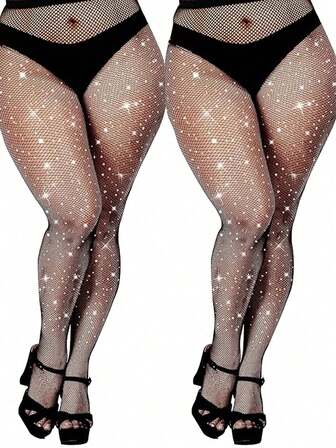 2pcs Plus Size Women's Rhinestone Embellished Black Fishnet Tights, Stretchy Skinny Tight Mesh Stockings, Shiny Clubwear, Goth Style, Versatile For All Seasons