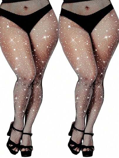 2pcs Plus Size Women's Rhinestone Embellished Black Fishnet Tights, Stretchy Skinny Tight Mesh Stockings, Shiny Clubwear, Goth Style, Versatile For All Seasons