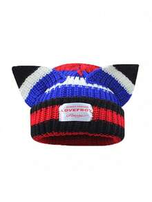 1pc Women's Knitted Hat, Cute Cat/Rabbit Ear Design, Warm Beanie Cap, Suitable For Autumn/Winter Everyday & Outdoor Use (Slight Variation In Stripe Placement) - Multicolor - View 5