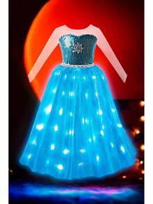 Light Up Princess Dress Girls Halloween Costume Costume Toddler Dressing Up Bithday Party, Purple - 藍色-帶斗篷 - 查看 7