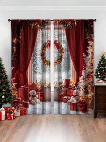 2 pièces Rideaux de tringle à rideaux avec motifs d'arbre de Noël multicolore et boule de Noël rouge, décoration de maison moderne et élégante, convient pour Noël et usage quotidien (poids du tissu 120g), décoration de pièce, décoration de Noël pour la maison