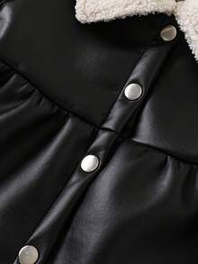 女婴经典翻领加厚黑色仿皮保暖夹克，秋冬季户外保暖服 - 黑色 - 查看 4