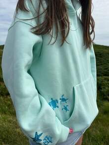 Women's Ocean Embroidered Hoodie Oversized Sweatshirt Casual Loose-Fit Top For Fall/Winte Layering And Everyday Outfits - 藍色 - 查看 2