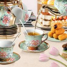 Vintage Floral Porcelain Tea Set 20-Piece With Gold-Rimmed Teapot, 6 Cups, Saucers, Spoons & Metal Stand – Afternoon Tea, Garden Party, Wedding, Bridal Shower, Holiday Gift, Thanksgiving & Christmas Table Decor - Green - View 3