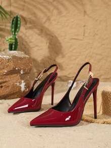 女士性感极简主义酒红色尖头一脚蹬高跟正装鞋，优雅派对细高跟鞋，时尚百搭 - 酒紅色 - 查看 3