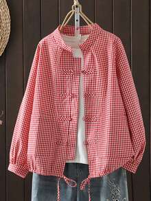 Vintage Plaid Button-Up Shirt For Women, Loose Fit, Slimming, Chinese Collar, Cardigan Style, Spring/Autumn