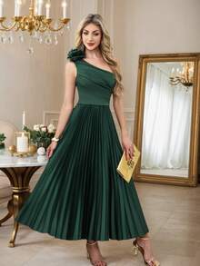 Rochie elegantă din satin cu un singur umăr, cu fundă 3D, fustă evazată, plisată, cu talie înaltă, în linie A, cu crăpătură laterală, potrivită pentru petrecere, banchet, nuntă, domnișoare de onoare