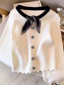 Women's Elegant Ribbon Decor Cardigan, Sweet & Versatile, Slimming, Soft, Suitable For Autumn