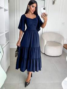 Midi Dress, Tres Marias Sleeve, Short, Lined, Evangelical Fashion, Plain, Tricoline, Evangelical Fashion - 藏蓝色 - 查看 1