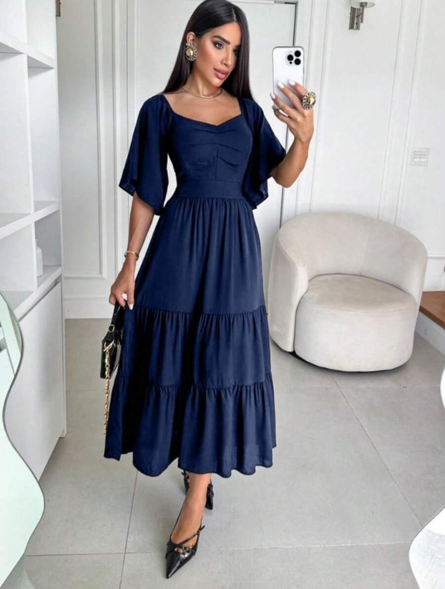 Midi Dress, Tres Marias Sleeve, Short, Lined, Evangelical Fashion, Plain, Tricoline, Evangelical Fashion - 藏蓝色 - 查看 1