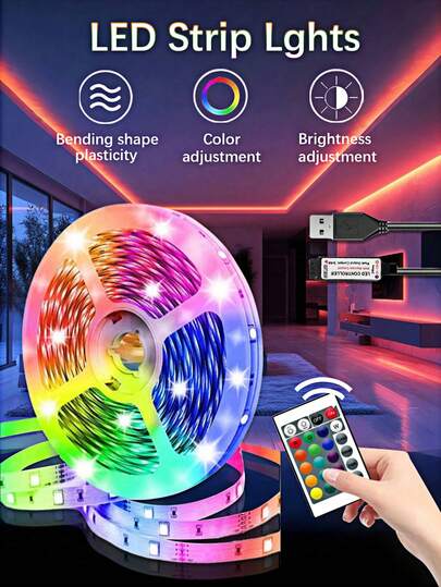 5V USB RGBLED Lights, Room Lights With Remote Control, Self-Adhesive LED Strip Lights, RGBLED Lights With 16 Color Changing And 4 Dynamic Modes For Decorating TV, Kitchen, Party, Bar, Corridor, Etc.