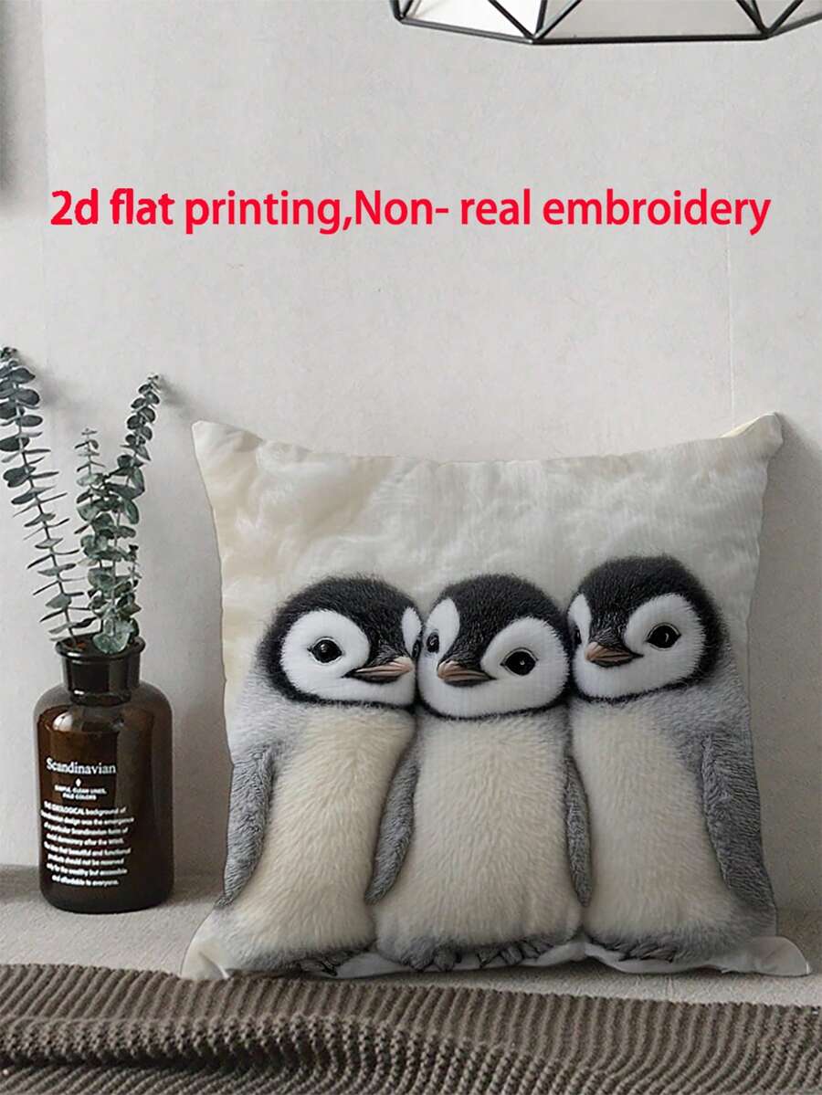 1pc -Super Soft Short Plush 45x45 Cm Throw Pillow Cover With Adorable Youngsters Emperor Penguin Chicks Design, Fluffy White Polyester, Zip Closure - Ideal For Sofas, Beds, And Farmhouses (Pillow Not Included), Sofa Accessory Vintage Style Pillow Soft Texture