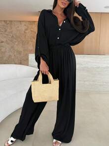 女士纯色休闲前扣宽松衬衫和裤子两件套 黑色 春季 - 黑色 - 查看 4