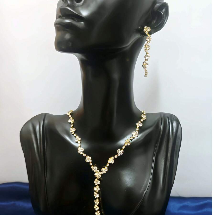 2 件套奢华水钻镶嵌项链和耳环套装，优雅设计，适合女性婚礼、派对和节日