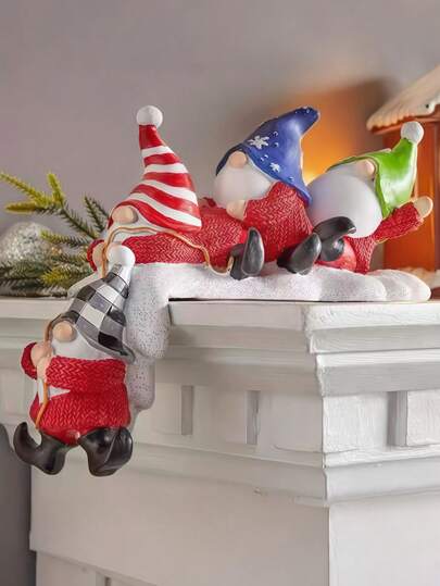 1件创意圣诞老人和矮人卡通风格装饰工艺品，半悬空造型，彩色树脂材质，适用于家居装饰，可摆放在架子、书架、书籍或桌面上，适合圣诞场景装饰、雕像摆件、圣诞装饰品、冬季房间装饰、圣诞家居装饰、圣诞礼物、圣诞装饰品