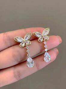 1 Pair Boho Butterfly Tassel Earrings And Stud Earrings, Butterfly Crystal Drop Earrings Gold Chandeliers Earrings Rhinestone Tassel Dangle Earrings Cz Butterfly Stud Earrings Jewelry For Women