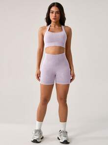 NcmRyu Women's Ribbed Knit Sports Bra & High-Waisted Shorts Set - Stretchy Comfortable Activewear With Ribbed Texture, Ideal For Yoga, Workout, Gym, Running & Outdoor Activities - Màu tím hoa cà - Xem 7