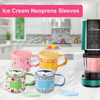 4 fundas de neopreno impresas reutilizables y aisladas con asa y soporte para cuchara para vasos de helado de 16 onzas (4 estilos)
