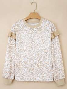 Acelitt Spring And Autumn Women's Khaki Leopard Print Splicing Ribbed Edge Ruffle Detail Round Neck Knitted Top