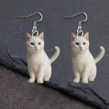 1 Pair Cute 2D Acrylic White Cat Cartoon Earrings, Suitable As Gift