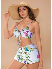 3-Pieces Geometric Print Bikini Sets, V Neck Boxer Short Bottom With Cover Shirt Long Sleeves Swimsuit, Women's Swimwear & Clothing Valentine's Day - 白色 - 查看 3