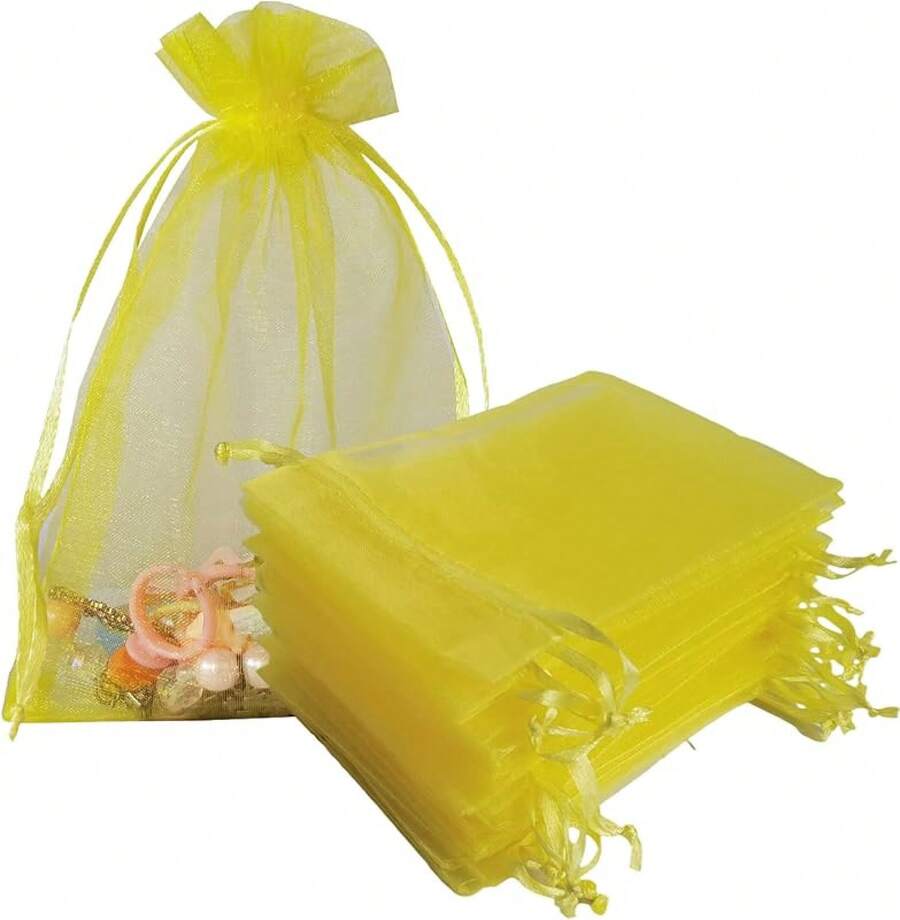 2025Organza Gifts Bags Sets Of 50 Drawstring 4x6 Inch Pink For Baby Shower,Girl Birthday,Party Favors,Wedding,Bridal Shower,Graduation,Halloween,Bulk Sheer Fabric Mesh Tie Sack For Jewelry,Candy - 黃色 - 查看 1