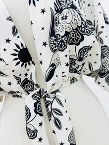 KISTYLE Crepe Blouse With Batwing Sleeves And Tie - Black and White - View 4