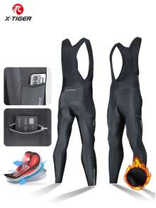 X-TIGER Men's Winter Cycling Bib Pants With Zipper Pockets, Cold-Proof And Warm 5D Thickened Cycling Leggings, Cycling Pants, Cycling Trousers - Black - View 1