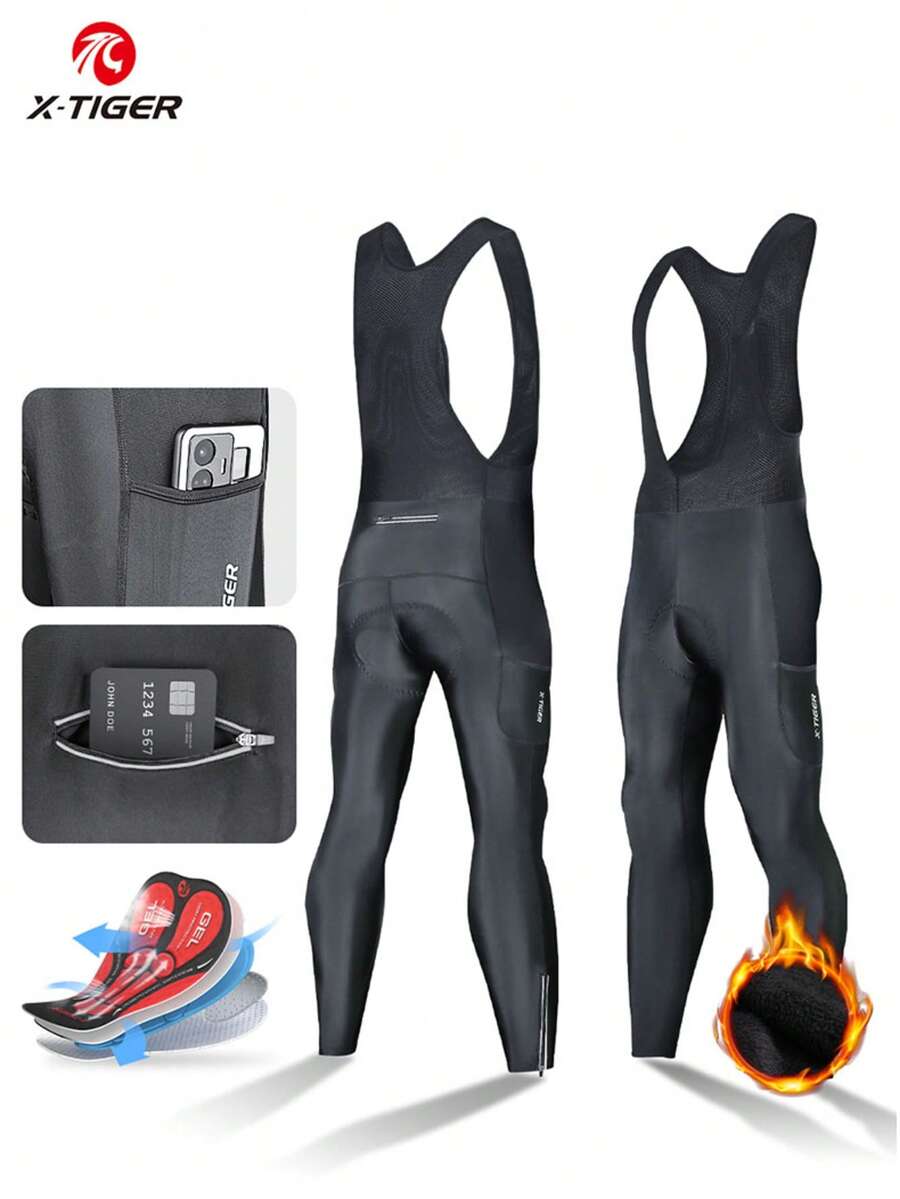 X-TIGER Men's Winter Cycling Bib Pants With Zipper Pockets, Cold-Proof And Warm 5D Thickened Cycling Leggings, Cycling Pants, Cycling Trousers - Black - View 1
