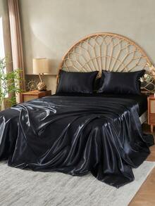 3/4pcs Satin Fitted Sheet Set, Bedding, Bed Sheets, Bed Cover, Silk Fitted Mattress Cover, Skin-Friendly And Comfortable Fitted Sheet For Bedroom, Solid Color Satin Bed Sheets, Deep Pocket Cooling Breathable Bedding, Soft And Silky Minimalism Style Bedding Sheet(1pc Fitted Sheet+1pc Flat Sheet+1/2pcs Pillowcases) - Black - View 9
