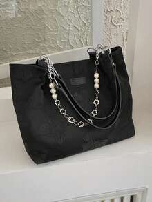 女士花卉布艺托特包，大容量通勤包，时尚百搭必备 - 黑色 - 查看 5