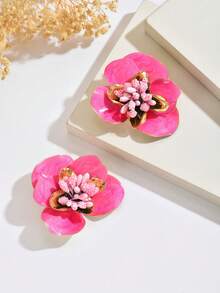1 Pair Mori Style Sweet Fresh Floral Raffia Fabric Flower Tassel Earrings, Suitable For Women's Vacation And Daily Wear - Hot Pink - View 4