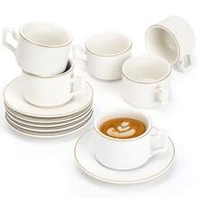 6-Pc Embossed Coffee Cup Set - Ceramic Espresso Cups & Saucers W/ Gothic Relief Design, Cafe Service For Cappuccino/Latte, Perfect For Fall / Thanksgiving Day Table Decor - White-90ml-6 Cups and 6 Plates - View 7